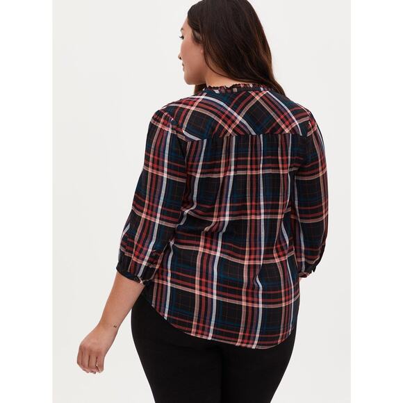 Torrid Plaid Rayon Twill Tie Neck Plaid Peasant Top Womens Size 1X Multicolor - Picture 2 of 11
